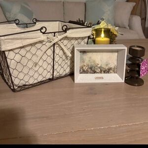 4 Piece Set: Cream Wire Basket with Liner, NWT Candle Holder & Tea Light Candle,